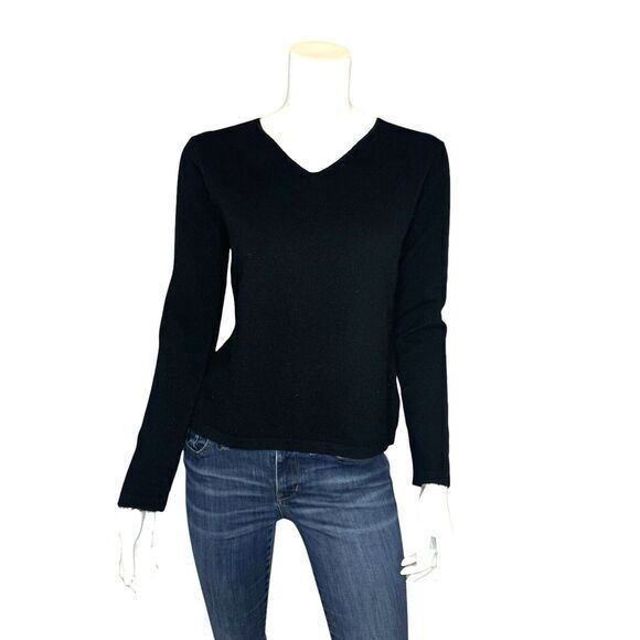 VINTAGE Black Wool Spandex V- Neck Pullover Sweater Women’s L Minimalist Career - Picture 1 of 4